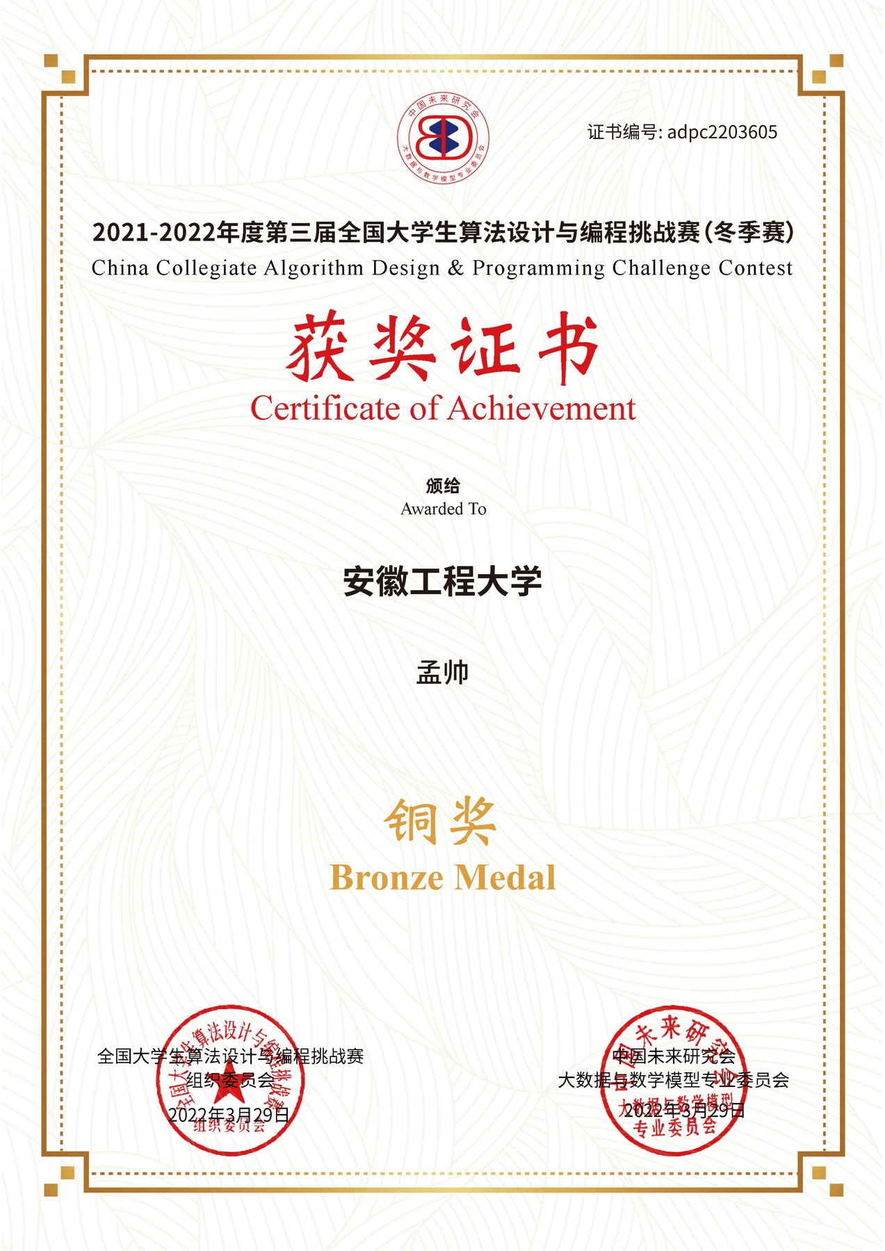 National College Student Algorithm Design Challenge Winter certificate