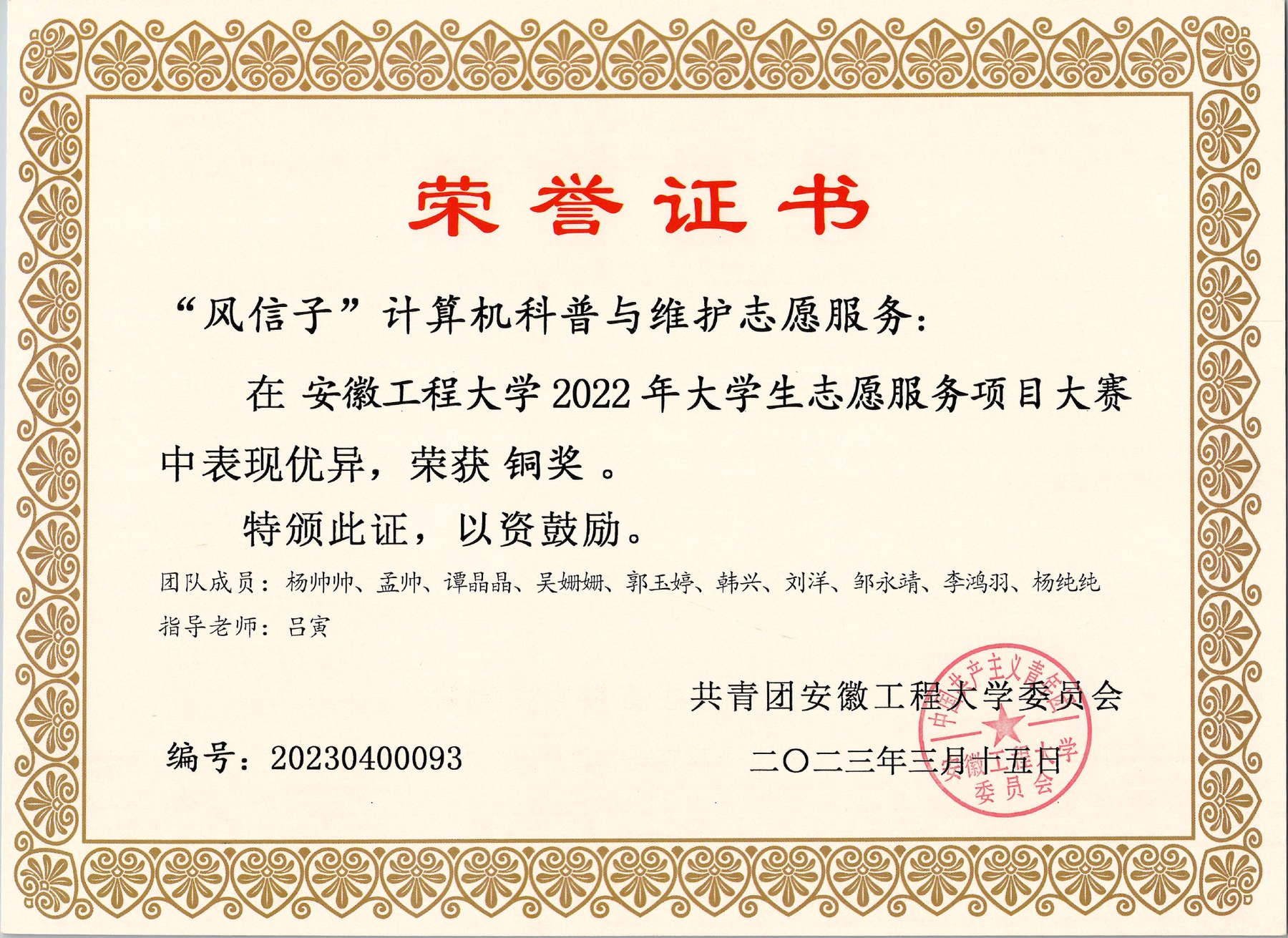 Bronze Award, University Youth Volunteer Service Competition certificate