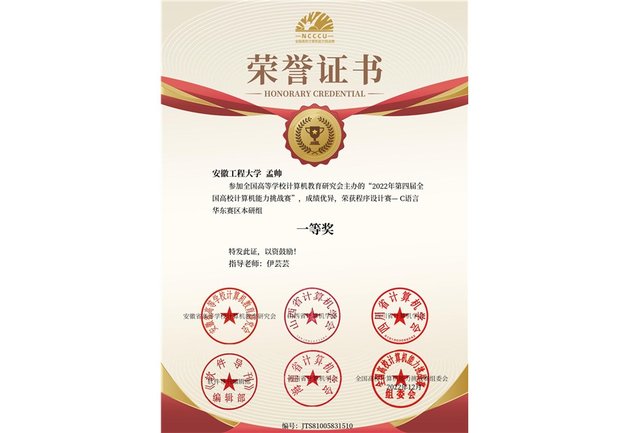 East China Regional First Prize, Computer Competency Challenge - C Programming certificate