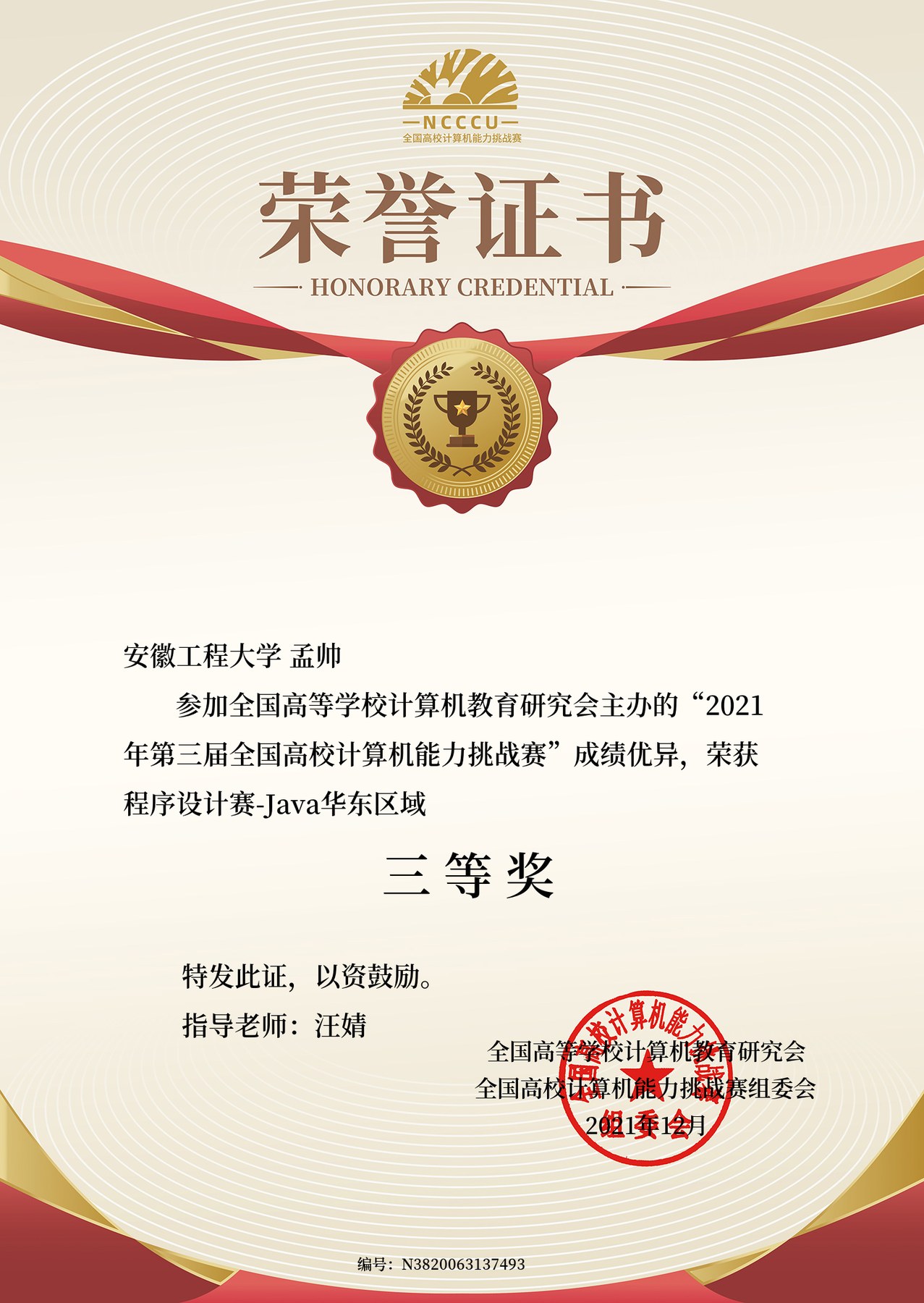 Regional Award, Computer Competency Challenge - Java Programming 2021 certificate