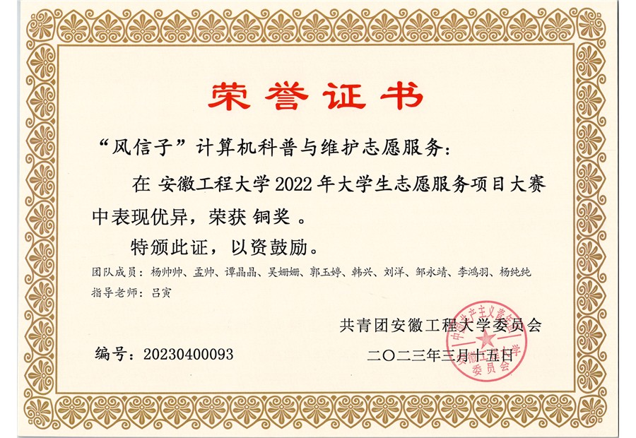 Bronze Award, University Youth Volunteer Service Competition certificate
